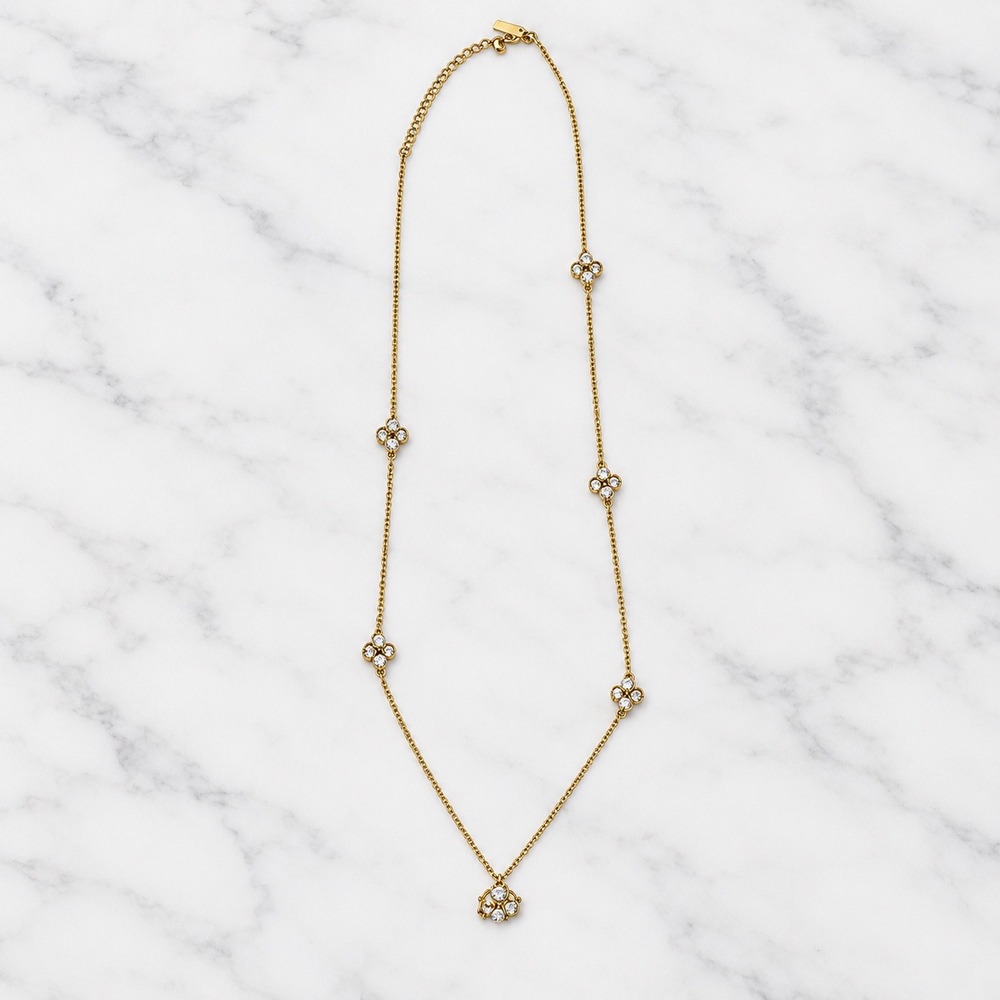 Kate Spade Long Station Necklace Gold Tone Crystal Clover Orb Preppy Glam Gala